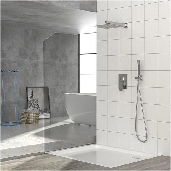 JERFIT 12" Square Dual Shower System with Pressure Balance Valve, Wall Mount Rainfall and Handheld Shower Head Set in Brushed Nickel