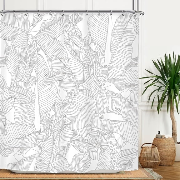 Palm Tree Leaf Shower Curtain Modern Tropical Banana Monstera Leaves Black White Rainforest Jungle Hawaii Plant Fabric Waterproof Home Bathtub Decor 12 Pack Plastic Hook 72x72 Inch RY-DDNA