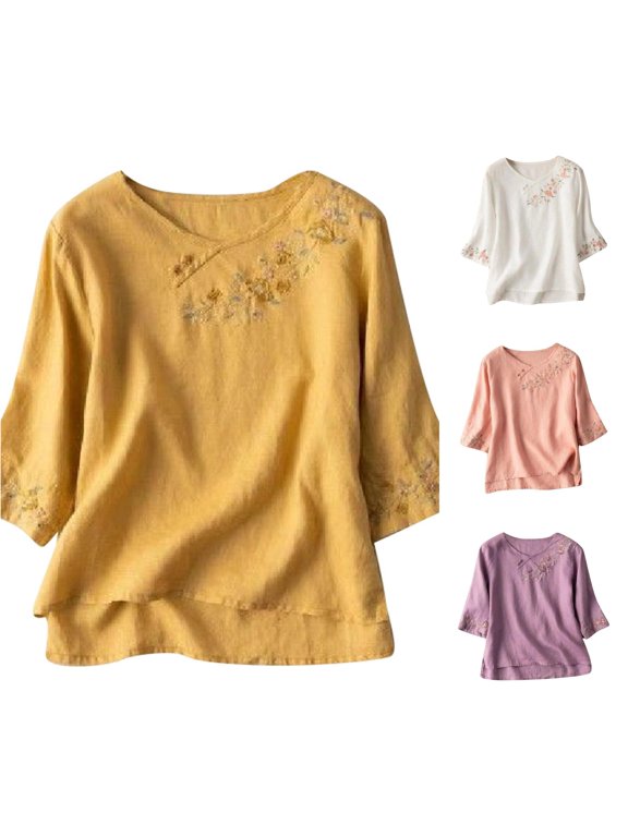 Women's Blouse Ethnic Floral Embroidery V-Neck 3/4 Sleeve Shirt Cottagecore Daily Casual Top