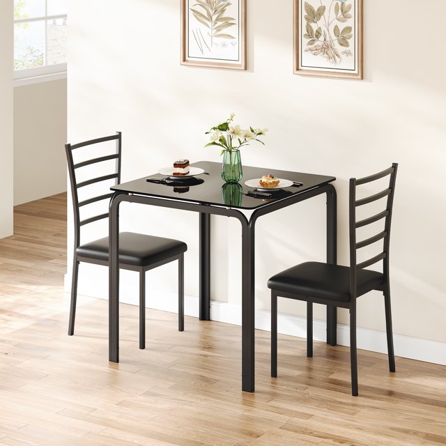 Dining Table for 2, Small Table and Chairs Set of 2, Dinette Set for 2, Square Dinner Table Set, 3 Piece Kitchen & Dining Room Sets for Small Space (Black, Dining Table with 2 Chairs)