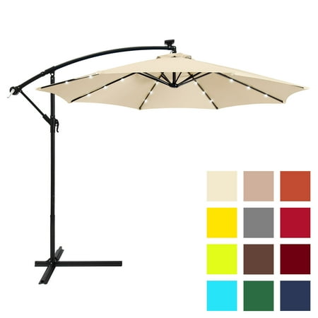 Commercial Offset Patio Umbrellas Best Choice Products 10-foot Solar LED Offset Hanging Polyester Market Patio Umbrella with Steel Frame and Easy Tilt Adjustment, Light Beige ()