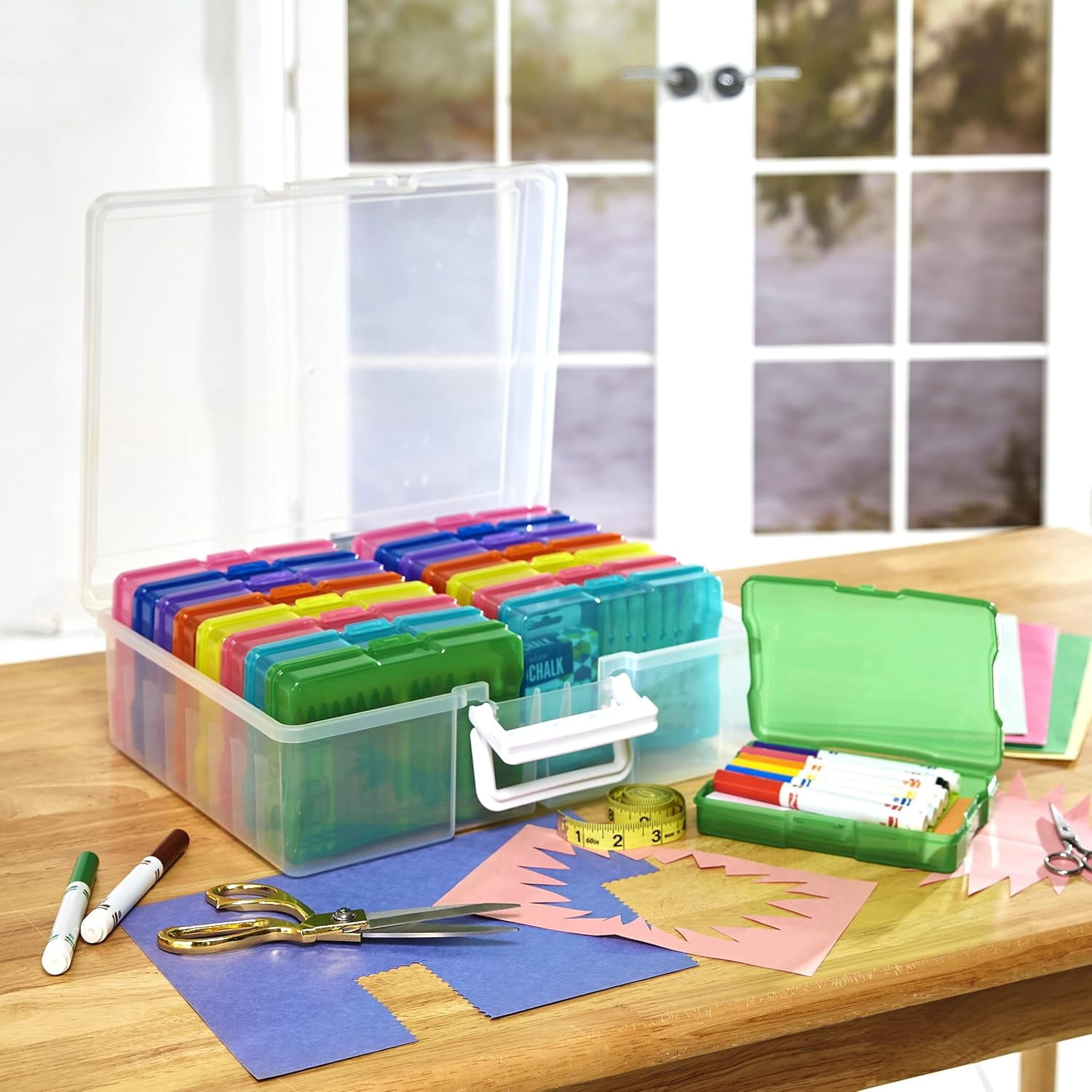 Transparent 4" x 6" Photo Cases and Clear Craft Keeper with Handle - 16 Inner Cases Plastic Storage Container Box (Multi-colored)