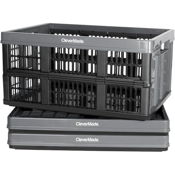 CleverMade Collapsible Grated Utility Crate, 45L (12 Gal), Stone, 3PK