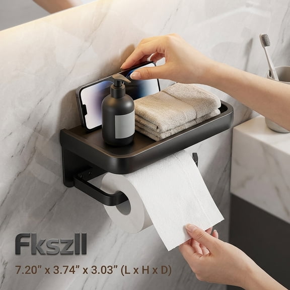 FKSZLL Toilet Paper Roll Holder Toilet Tissue Holder with Phone Shelf Aluminum Wall Mounted Paper Rack with Wipes Storage for Home Bathroom Toilet RV, Black, 7.2 x 3.7 x 3inch
