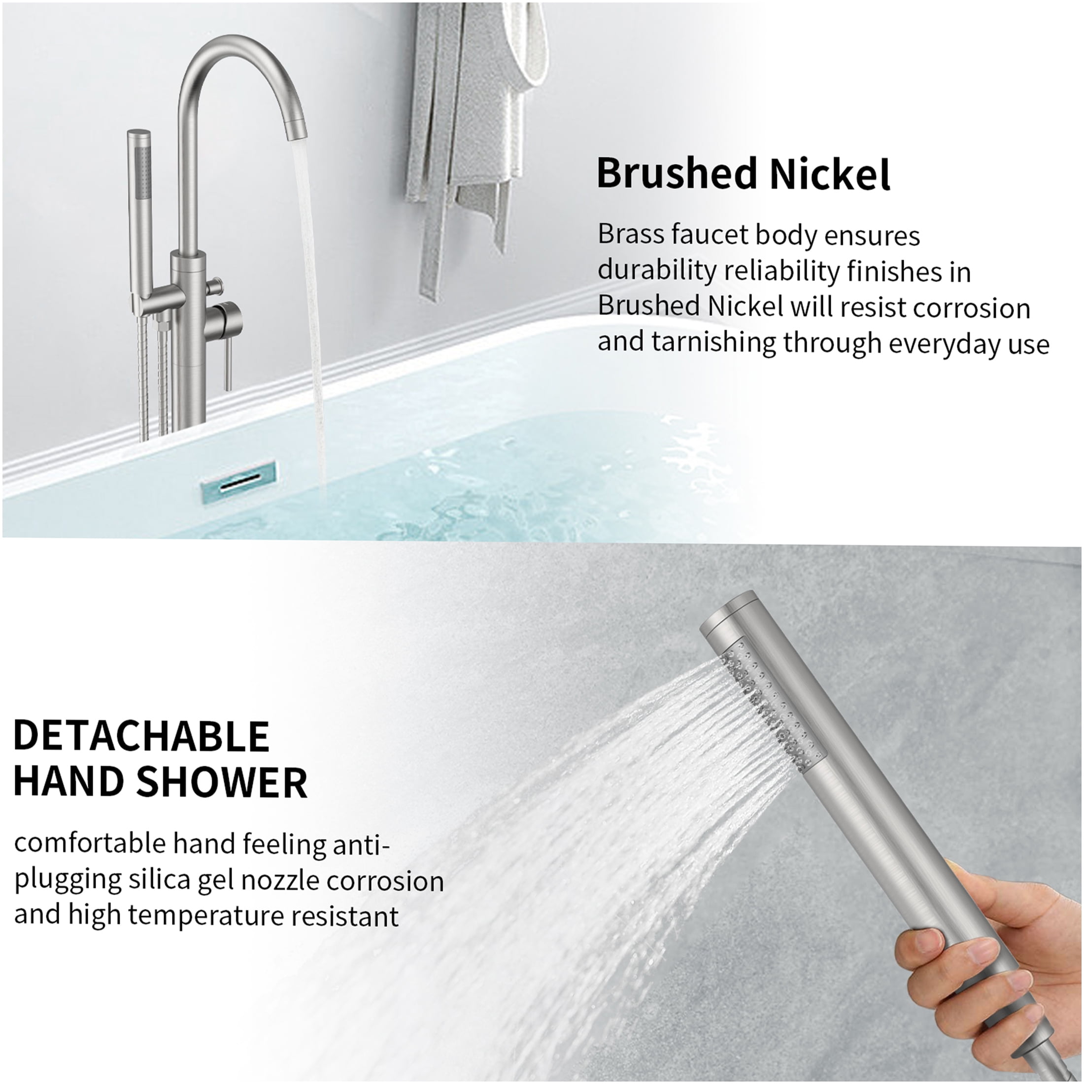 JERFIT Freestanding Bathtub Faucet with Hand Shower, Brushed Nickel Floor Mount Tub Filler, Single Handle High Flow 6 GPM, Solid Brass Core