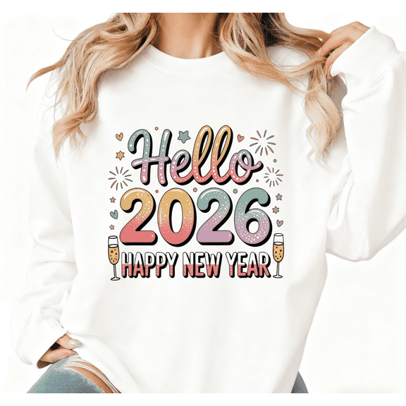 New Year Hello 2026 Print Sweatshirt Graphic Sweatshirt Festive White S-3XL Tops