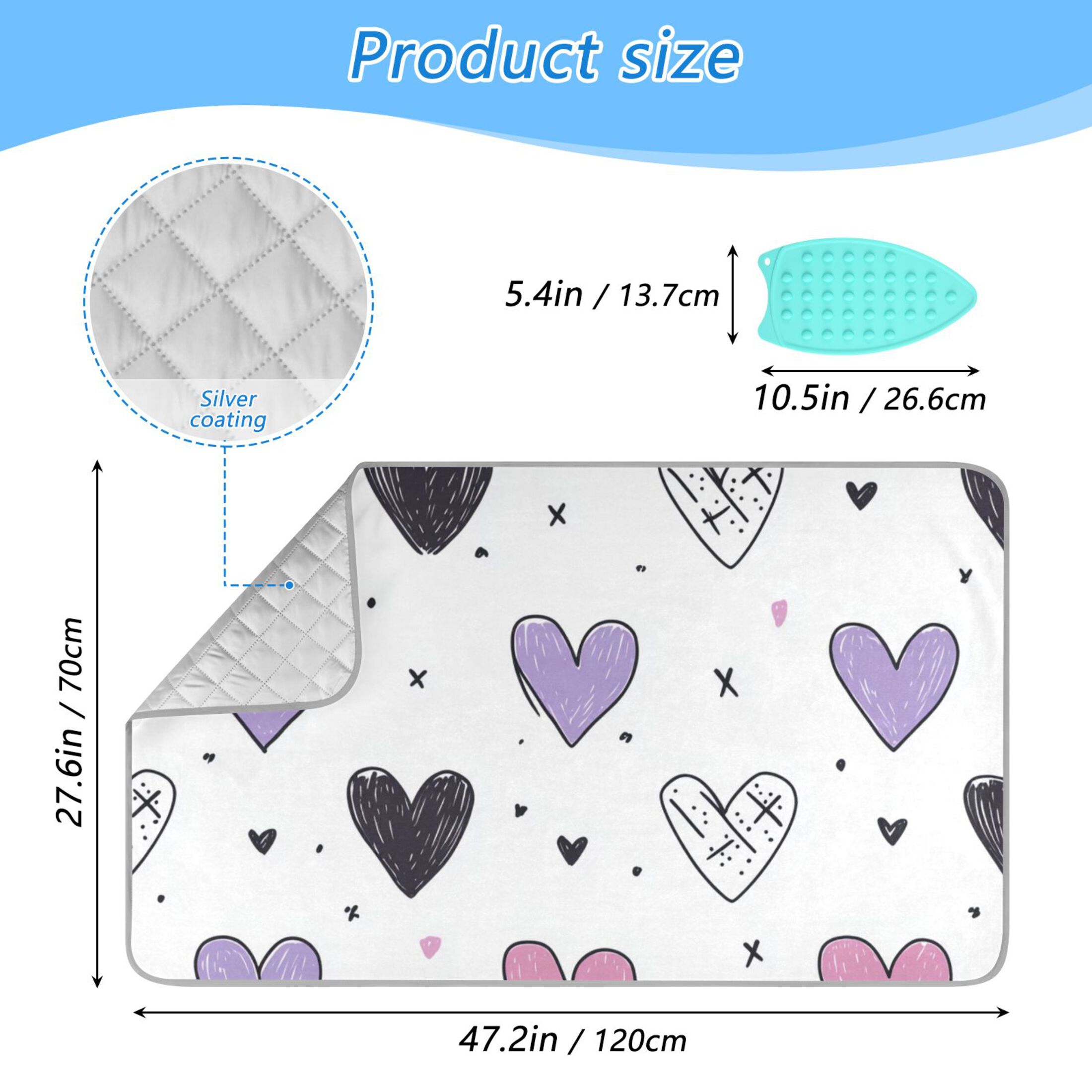 Colorful Doodle Hearts and X Marks Ironing Mat Blanket Portable Travel Ironing Pad Heat Resistant Pad 47.2" x 27.6”