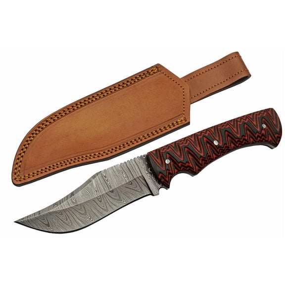 SANZ Supplies 9.5" Damascus Steel Outdoor Knife with Red/Black Micarta Handle and Leather Sheath