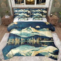 Homewish Natural Scenery 7-Piece Twin Bedding Sets,Ink Painting Art Bedding Comforter Set,Blue White Sheet Sets For Adults,Breathable Home Decor Reversible