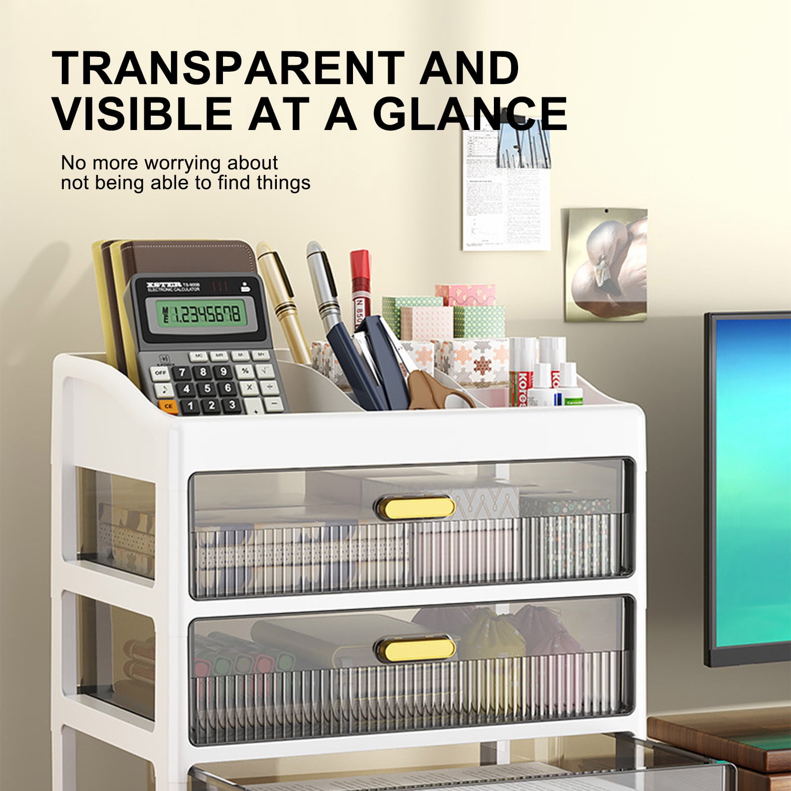 Drawer-Type Desktop Storage Organizer | 3-Tier Office Desk Stationery & Cosmetics Organizer with Transparent Drawers | Plastic Storage Cabinet 21x16x23cm