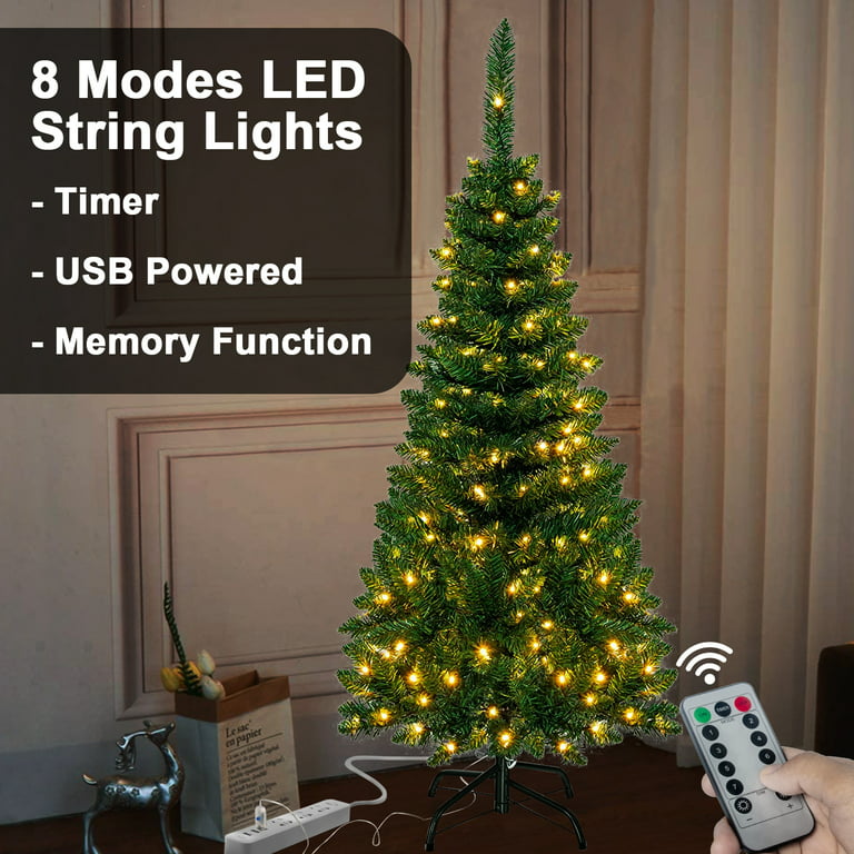 4.5ft 350 Tips Christmas Artificial Tree With Remote Timer 240 LEDs USB  String Light Xmas Holiday Decoration with 48 Christmas Tree Bag 