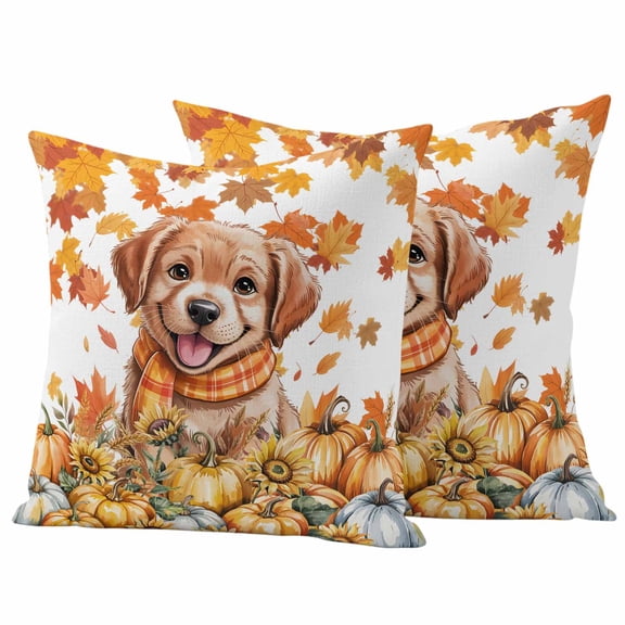 Dogs Thanksgiving Outdoor Waterproof Pillow Covers, Fall Maple Leaves Orange Pumpkins Decorative Square Throw Pillowcase Sofa Cushion Sham for Patio/Couch/Chair, 16"x16" 2 Pack