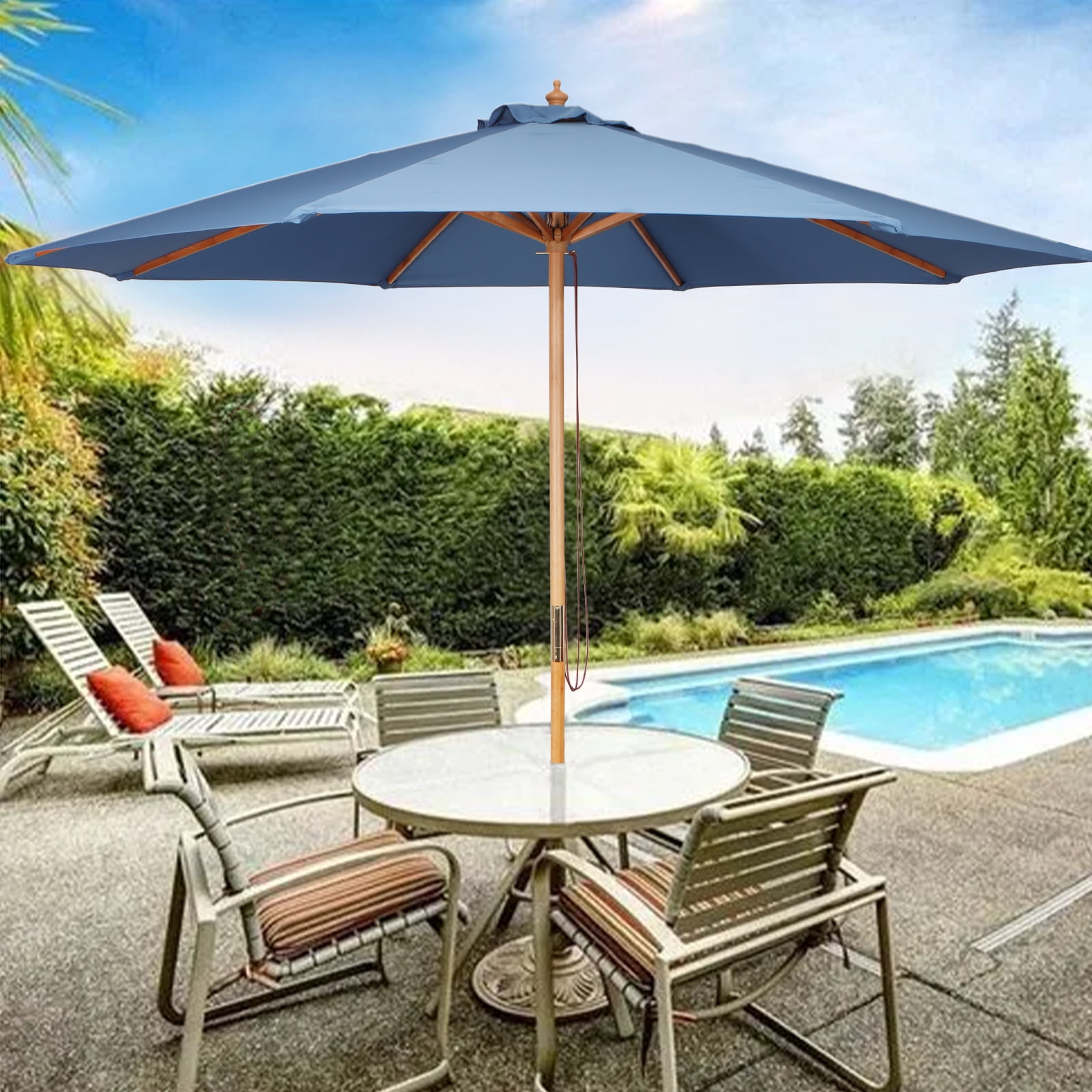 Bamboo Wood Outdoor Patio/Table/Market Umbrella with Pulley Lift Blue