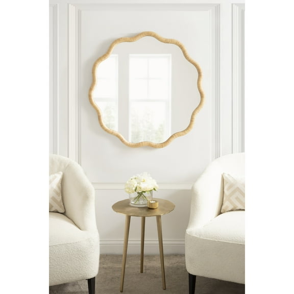 Kate and Laurel Rahfy Boho Scalloped Round Rattan Mirror, 32 Inch Diameter, Natural Wood, Decorative Round Wavy Mirror with Authentic Rattan Frame for Boho Wall Decor