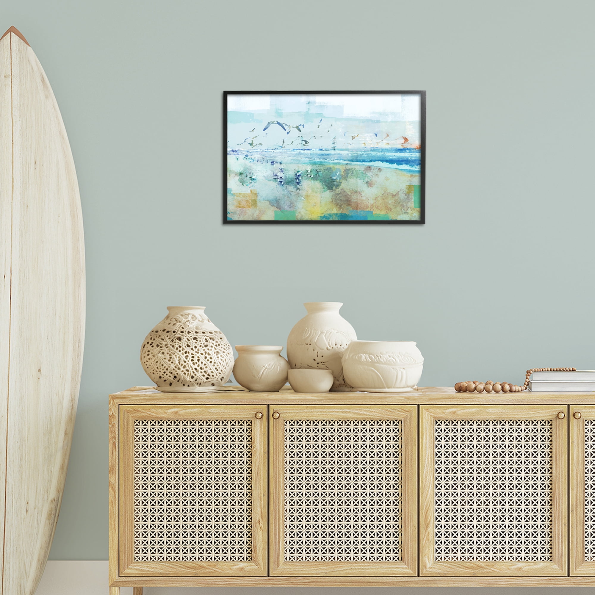 Stupell Industries Abstract Birds Over Beach Abstract Painting Black Framed Art Print Wall Art, 24 x 16