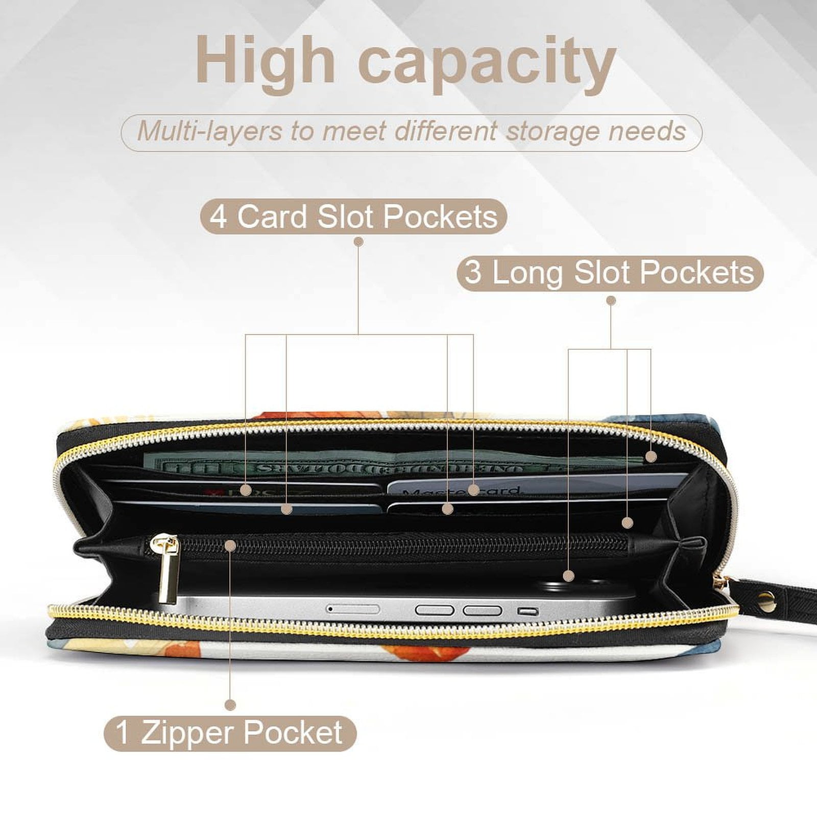 Womens Wallet Bifold Ladies Cluth Bag Wristlet Wrist Strap Long Purse Butterfly Design