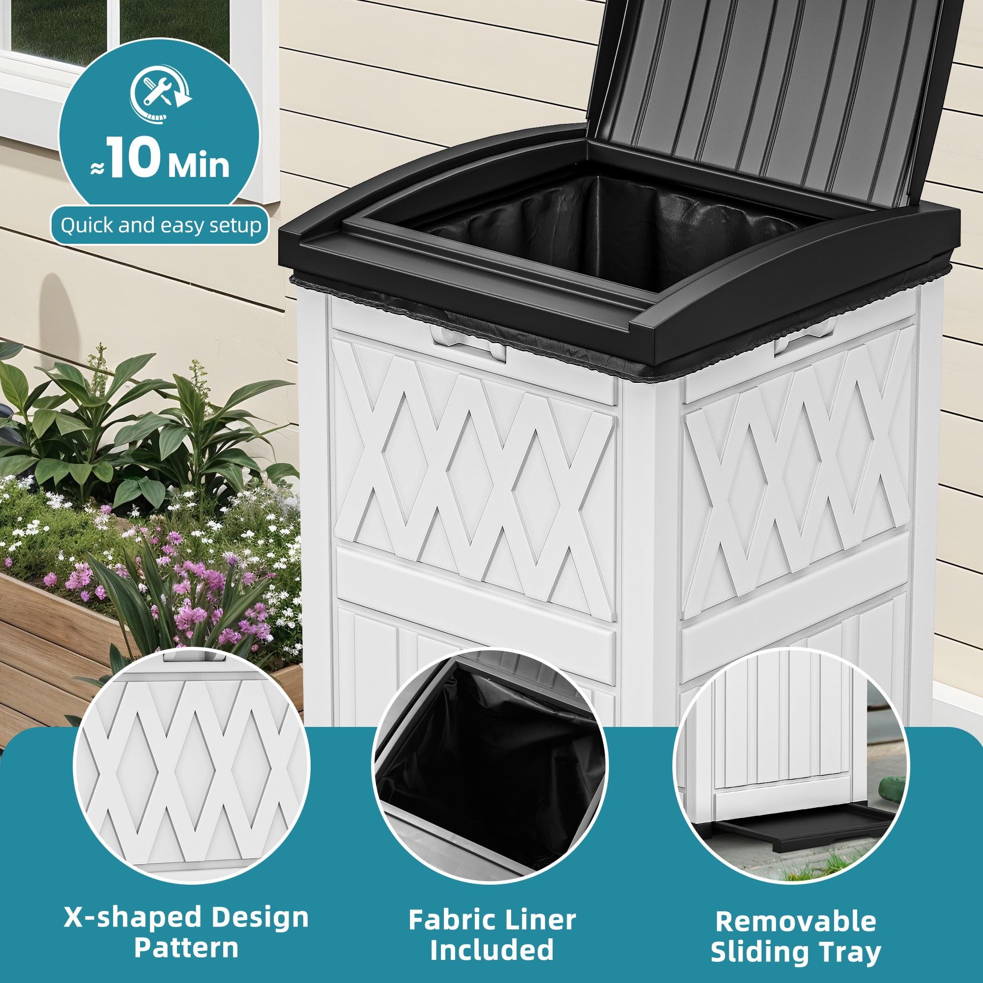 Uforic 32 Gallon Outdoor Trash Can, Waterproof Resin Garbage Bin with Lid & Drip Tray for Porch Backyard Patio, White & Black