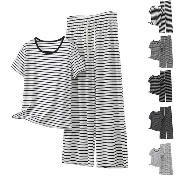 akafmk Plus Size Womens 2 Piece Outfits Striped Crewneck Short Sleeve Tshirt Wide Leg Pants Matching Loungewear Set Summer Outfits