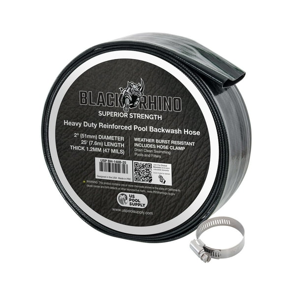 U.S. Pool Supply Black Rhino 2" x 25' Pool Backwash Hose with Hose Clamp - Extra Heavy Duty Superior Strength, Thick 1.2mm (47 mils) - Weather Burst Resistant - Drain Clean Swimming Pools