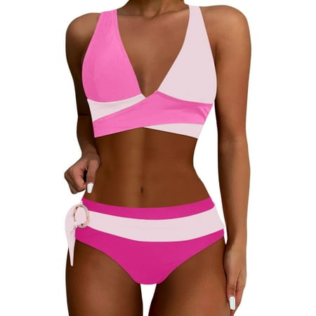 High Waisted Bikini Sets For Women Plus Size Womens Swimsuits Tummy Cute V Neck Color Block Two Piece Swimsuit Twist Front Cheeky Bathing Suits #03 Pink M