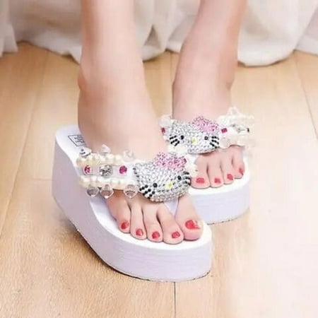 

GQ Summer Hello Kitty Kawaii Flip Flops Y2K Anime Cartoon Girls Thick Bottom High Heels Beach Slippers Soft Ladies Platform Sandals