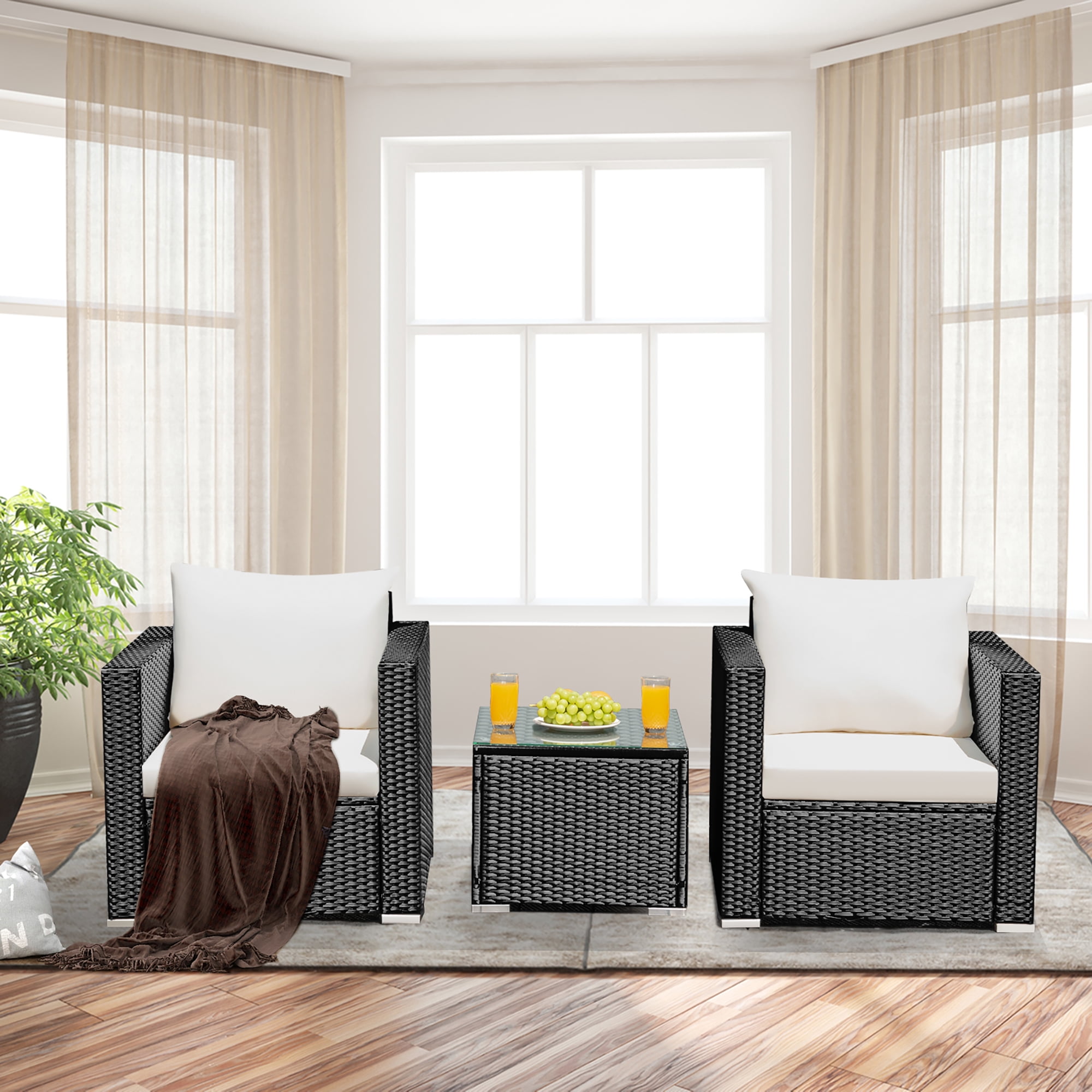 Costway 3PCS Patio wicker Furniture Set Conversation Rattan Sofa Set w/Cushion Garden