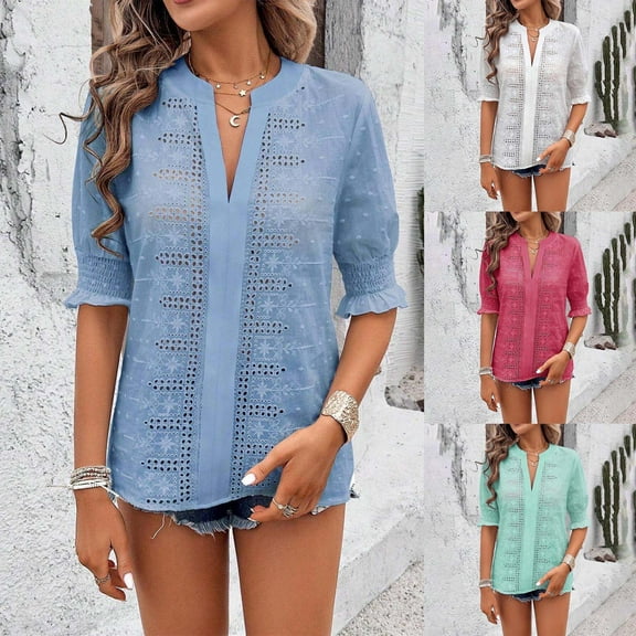 Olyvenn Stylish Puff Sleeve Tops for Women Hollow Out Lace Notched Collar Bubble Blouses V Neck Ruffled Short Sleeve Eyelet Chiffon Shirts Green L