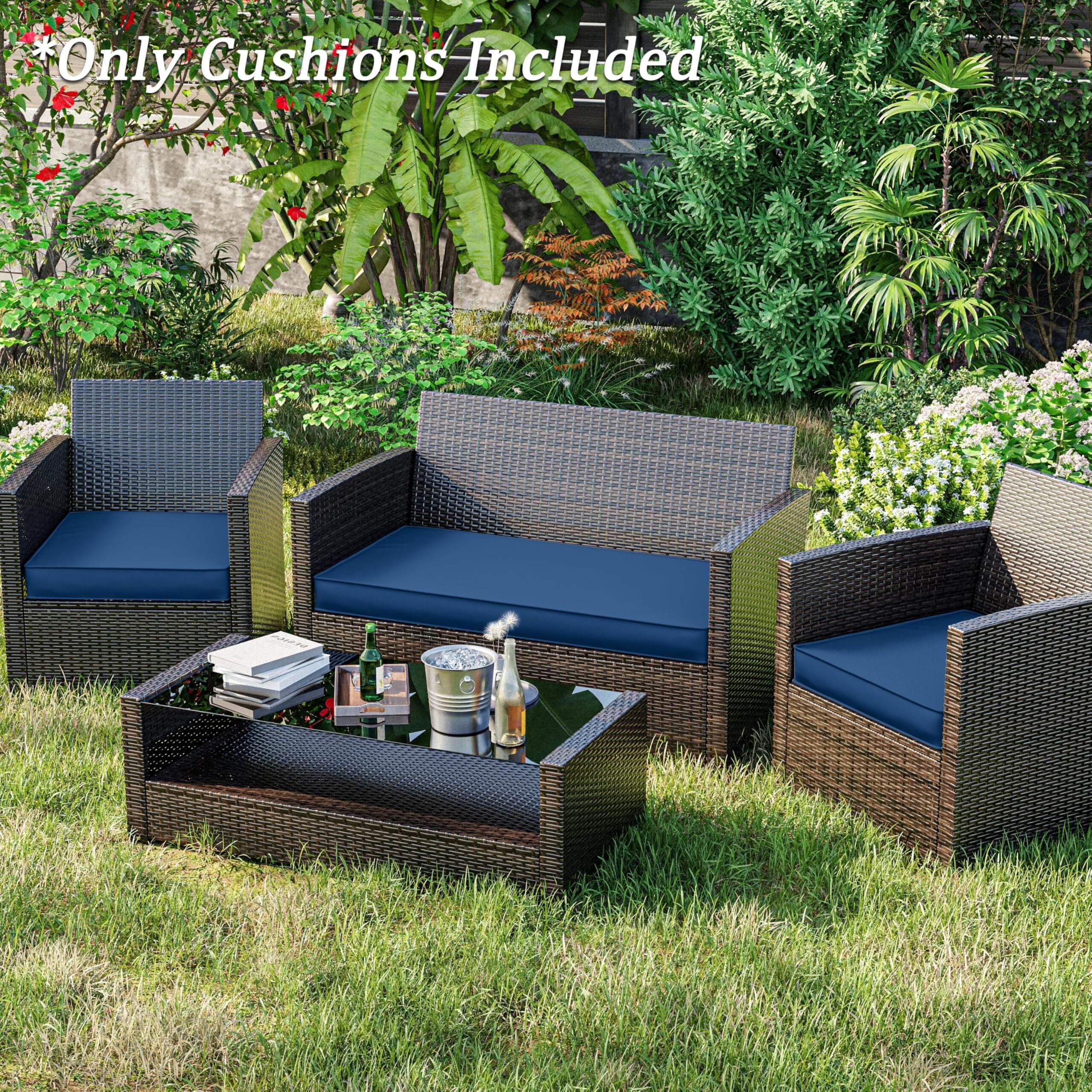 Kimunuk 3 Piece Wicker Chair Cushions, Waterproof Patio Loveseat Chair Cushions Set for Outdoor Indoor Furniture, Blue