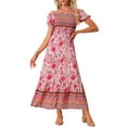 thumbnail image 2 of INSPIRE CHIC Women's Boho Dress Puff Short Sleeves Off-Shoulder Floral Smocked Maxi Sundress XS Pink, 2 of 6