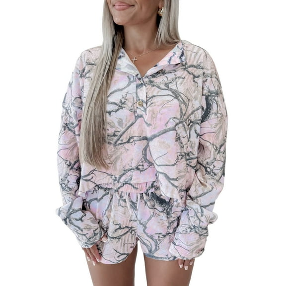 Women's Pink Camo Henley Top and Short Set – Stylish Casual Outfit for Fall Adventures, XL