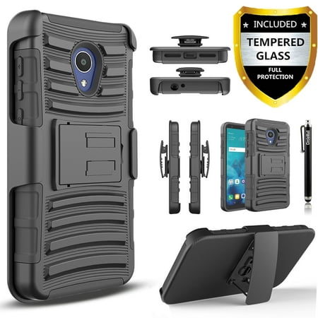 Alcatel TCL LX A502DL Phone Case, Dual Layers [Combo Holster] Case And Built-In Kickstand Bundled with[Tempered Glass Screen Protector]And Circlemalls Stylus