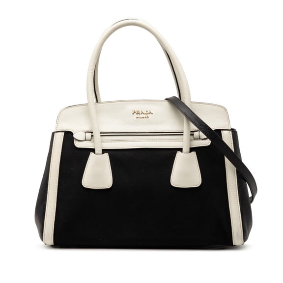 Pre-Owned Prada Shoulder Tote Handbag 2WAY BN2595 Black White Canvas Saffiano Leather Women's...