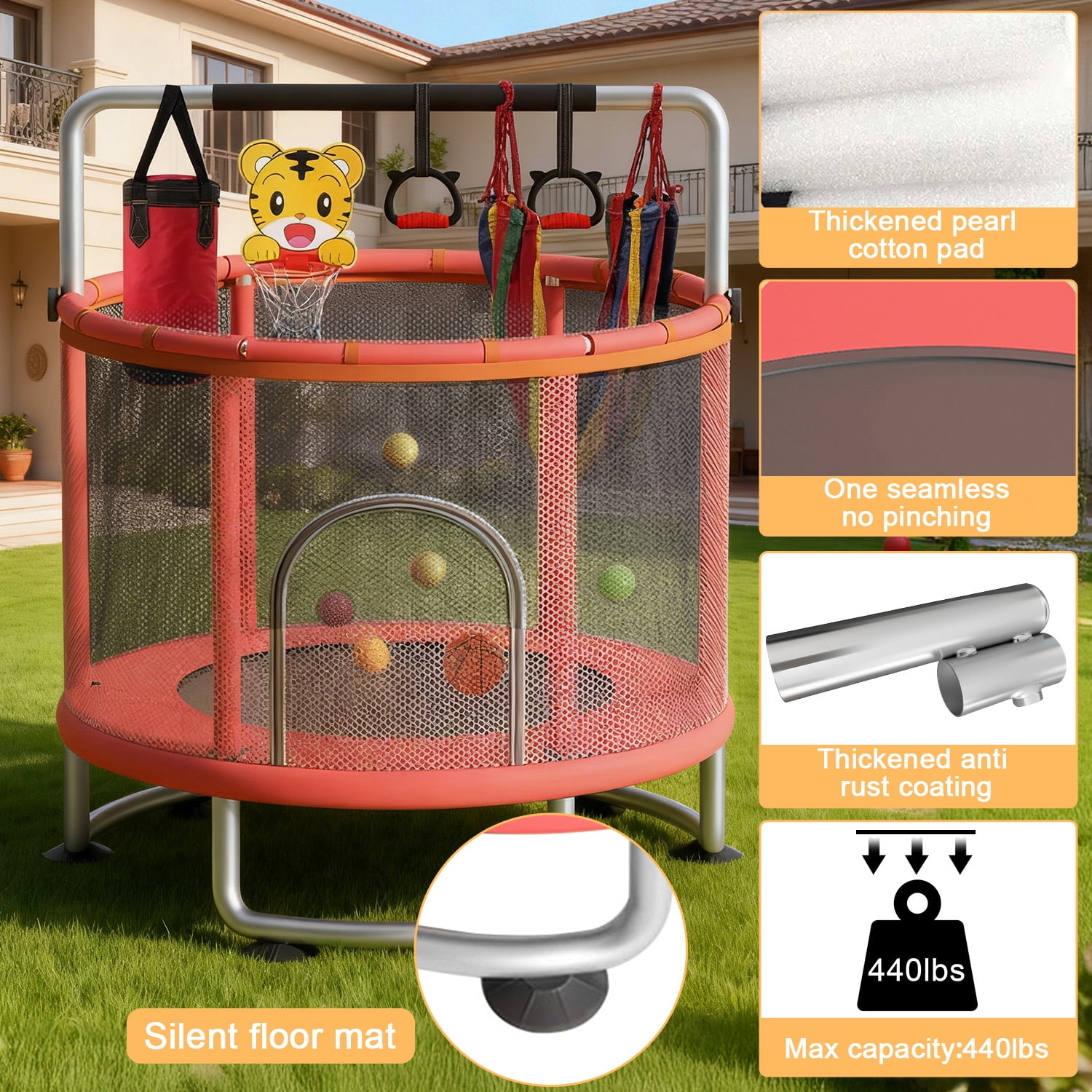 Yedigre 60 Inch Kids Trampoline with Enclosure Net & Gymnastics Bar – Indoor Trampoline for Ages 3-8 with Basketball Hoop, Swing & Sandbag