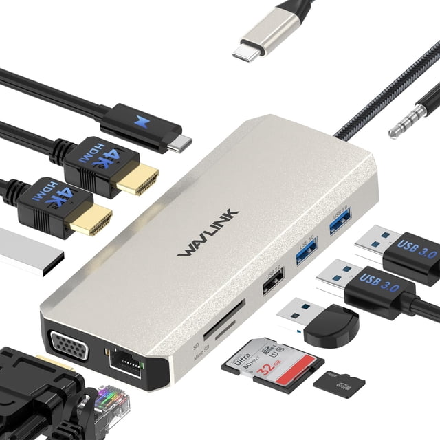 Estación de acoplamiento USB C WAVLINK 12 en 1, monitor doble de 100 W PD