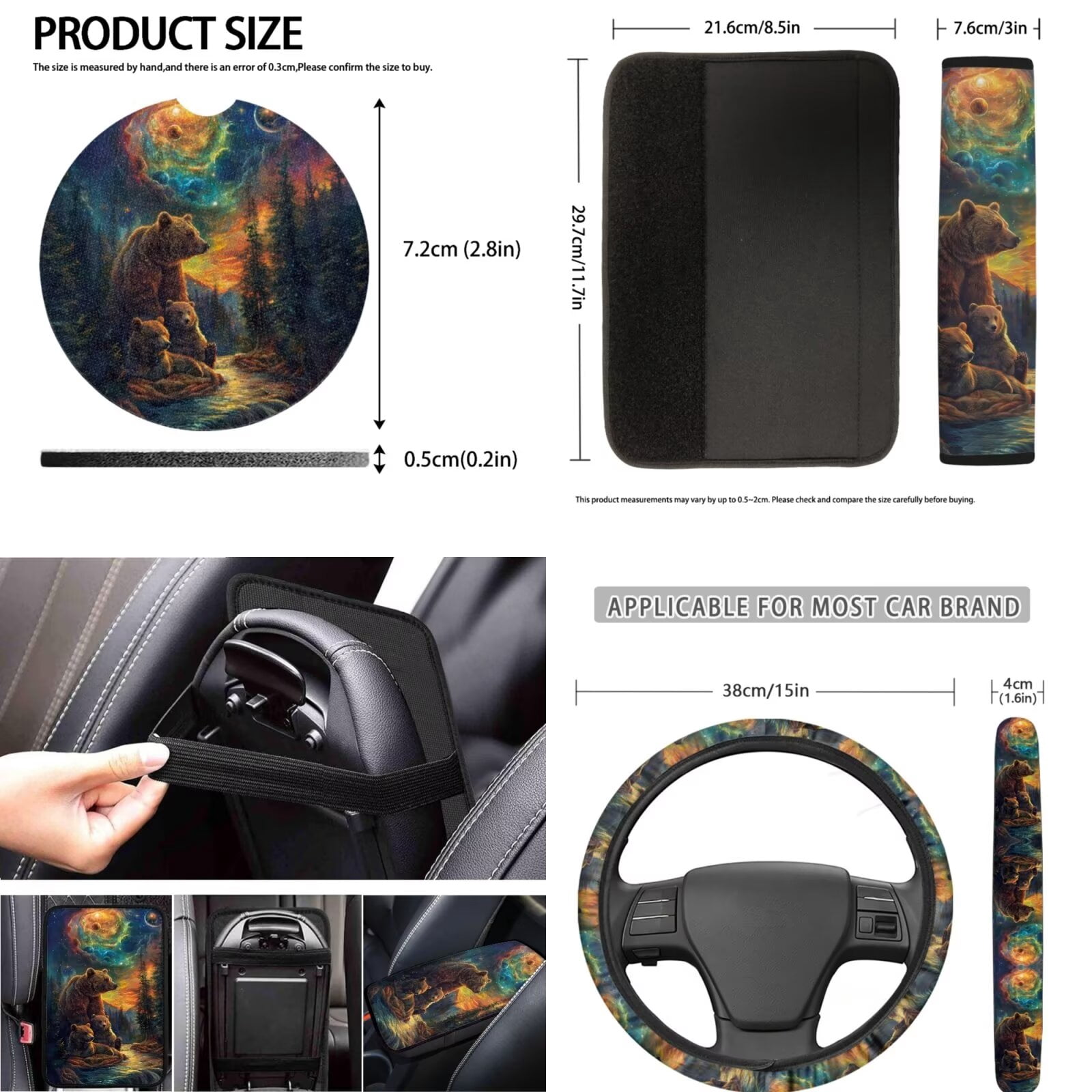 Ledback Bear Planet Printed Car Seat Covers Full Set, Soft Car Front & Back Seat Cover Steering Wheel Cover Car Armrest Cover Seat Belt Pad Coaster Keychain Car Interior Decor