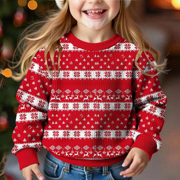 Wiyuqeen Kids Christmas Sweaters Girls Crew Neck Long Sleeve Lightweight Knit Pullover Vintage Reindeer Graphic Sweater Tops 5-15 Years