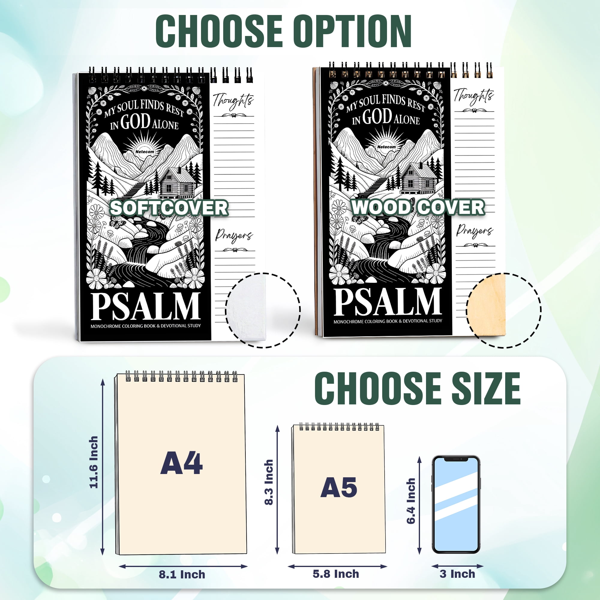 Psalms Monochrome Coloring Book for Adults, 30 Minimalist Scripture Art Pages with Reflection & Prayer Space, Spiral Bound, A4 or A5 Softcover or Wood Cover
