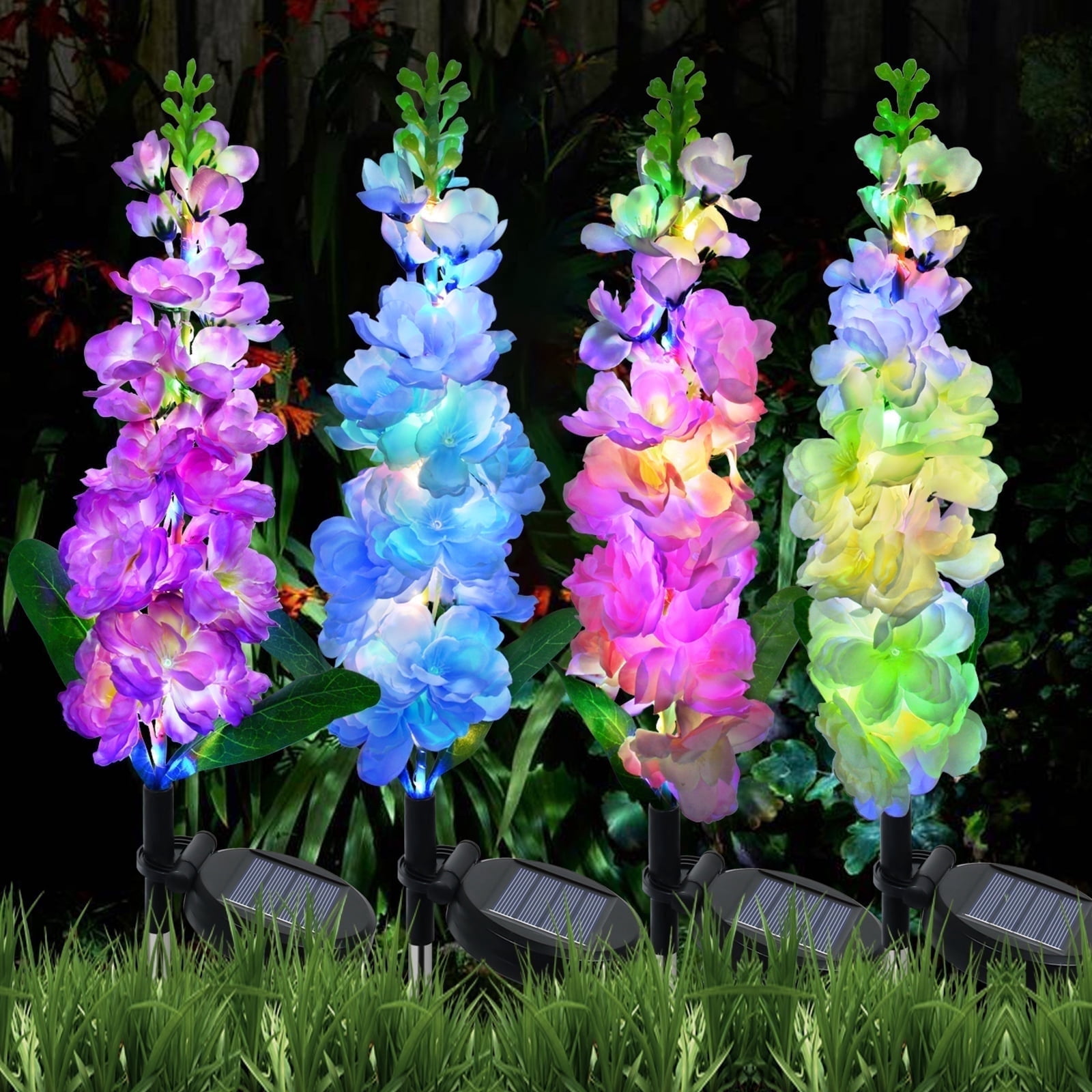 Qoosea Solar Delphinium Flowers Lights Outdoor, 4 pack 80 Leds Waterproof Solar Garden Lights Yard Decorations Outdoor Garden Lights Outside Gift for Women
