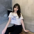 thumbnail image 4 of KOMOO Women Loose Fit T-shirt Letters Embroidery Printed Crop Tops Round Neck Short Sleeve Blouse, 4 of 5