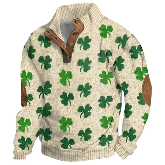 Telankuip Mens St Patricks Day Sweatshirts Quarter Button Stand Collar Long Sleeve Pullover Tops Oversized Retro Shamrock Flag Print Winter Comfy Going out Holiday Sweatshirt 2-Green L