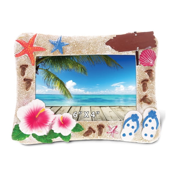 Puzzled Summer Beach Picture Frame - Ocean Picture Frame with Starfish, Sandals, Flowers, and Sand Art Photo Frame, Resin Nautical Picture Frame, Nautical Themed Decor for Home, Office - 6x4 Inches