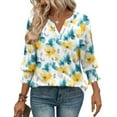 thumbnail image 4 of Spring Summer 3/4 Length Sleeve Tops Floral Printed T-Shirt Henley Neck Tee Short Sleeve Shirts Smocked Cuffed Sleeve Tunic Blouses Comfort Casual Tee Shirts Going Out Blosues, 4 of 6