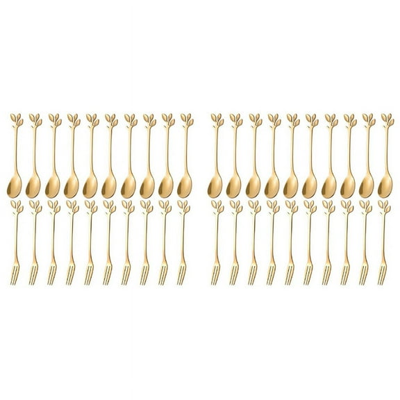 Dessert Spoon Fork Set,40 Pcs 4.7 Inch Cake Fork,Coffee Spoon, Fruit Fork,(10 Spoon 10 Fork),20 * Dessert Fork 20 * Coffee Spoon,Gold