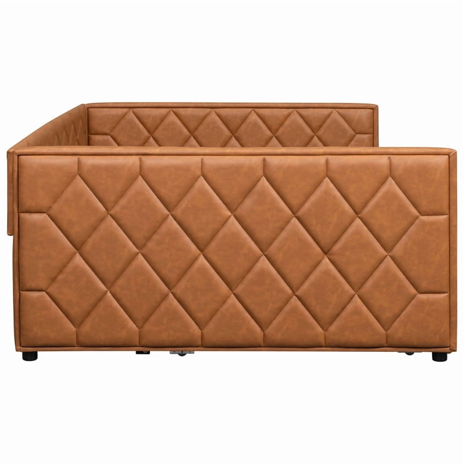 Full XL Size Faux Leather Upholstered Daybed with Twin Size Trundle, Low-Profile Sofa Bed Frame with LED Lighting Armrests