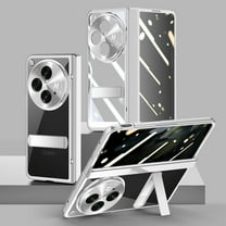 Dteck for OnePlus Open Case with Hinge Protection, Ultra Slim Plating Hard PC Clear Case with Hidden Stand Full Body Shockproof Case with Metal Camera Protector,Silver Privacy Screen Protector