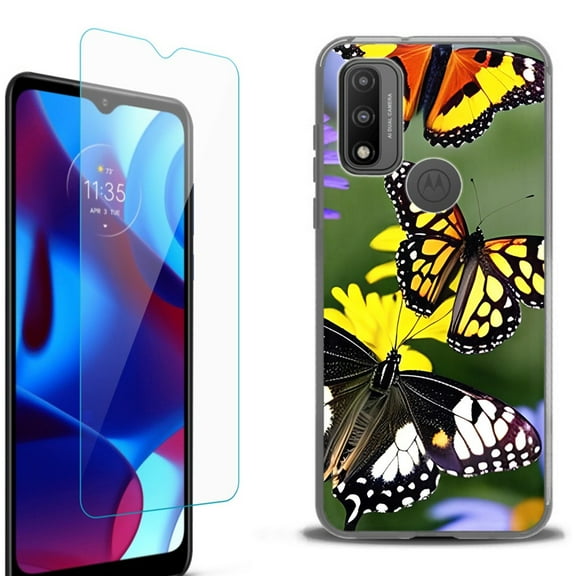 Slim-Fit Fashion Phone Case for Motorola Moto G Pure, with Tempered Glass Screen Protector, by OneToughShield ® - Butterfly/Flower