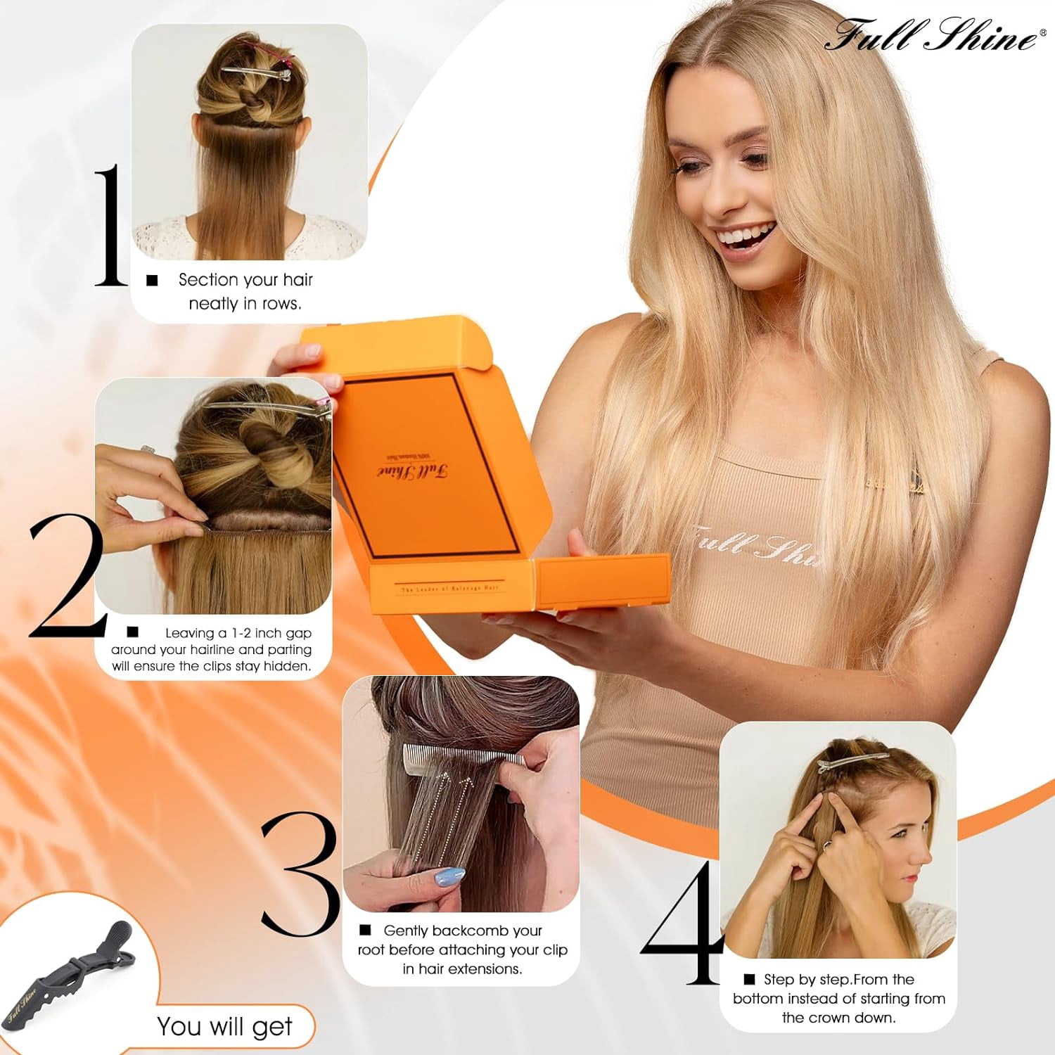 Full Shine Clip in Hair Extensions Double Weft Full Head Brazilian Hair 105 Gram #2 Dark Brown 7 Pcs 18 Inch for Women Adult