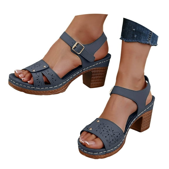 Dakaela Leather Heels Sandals for Women Dressy Work Shoes Cutout Summer Casual Sandal Blue 9.5