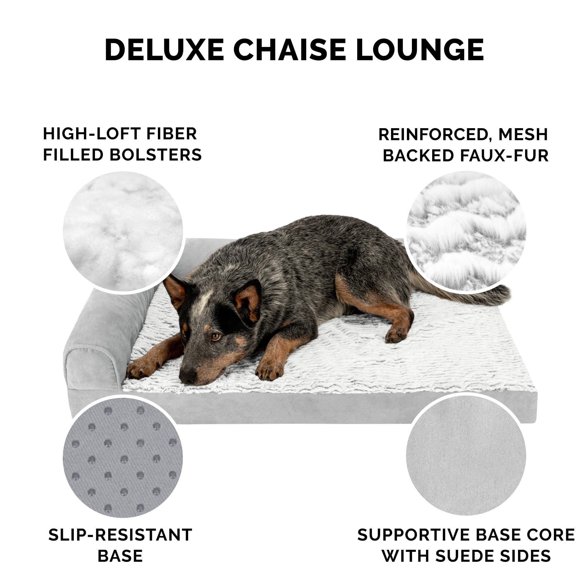 FurHaven Embossed Faux Fur & Suede Orthopedic Deluxe L-Chaise Pet Bed for Dogs & Cats - Gray, Jumbo Plus