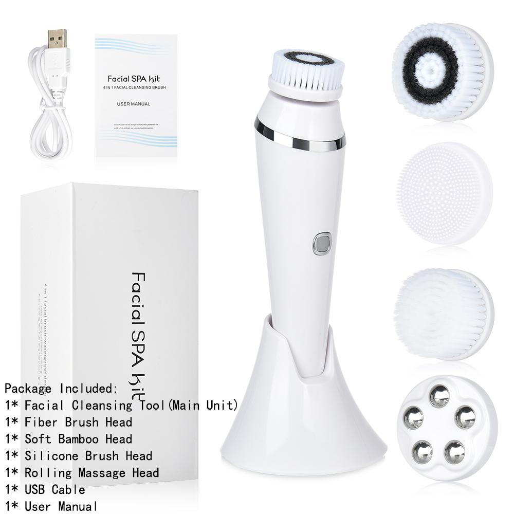 4 in 1 Multifunctional Facial Cleansing Brush Sonic Exfoliating SPA Kit Skin Beauty Machine with Base 4 Replaceable Heads USB